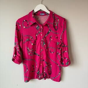J. McLaughlin | Pink Equestrian Bridle Print Silk Blend Button Down Shirt Top